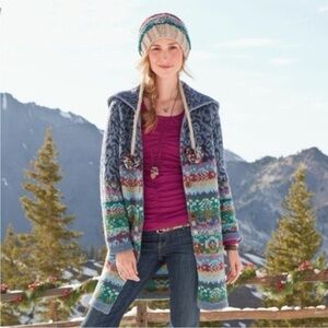 Sundance Copenhagen Fair Isle Warm Spring Cardigan Coat 100% Lambswool Blue Sm